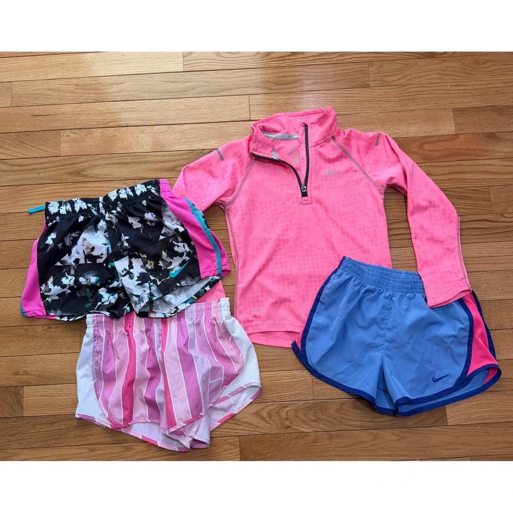 Nike Girls Dri-FIT 4pc Lot Pink Quarter Zip Running Top and 3 Pair Shorts 6X